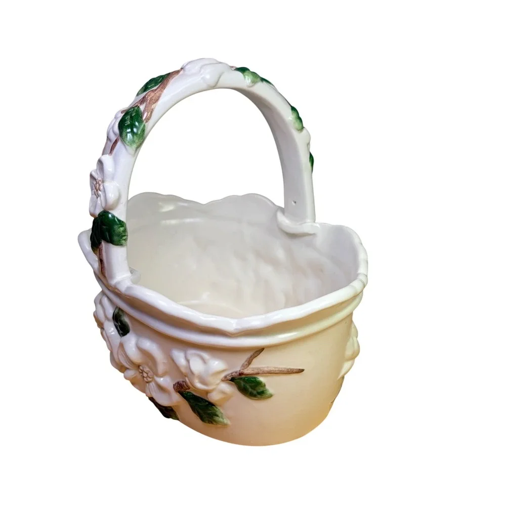 Napco Ceramic Magnolia Flower Basket Planter Vase White Green Rare Retro Vintage